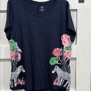 Crown & ivy Navy Graphic T-Shirt with Zebra and Floral Design